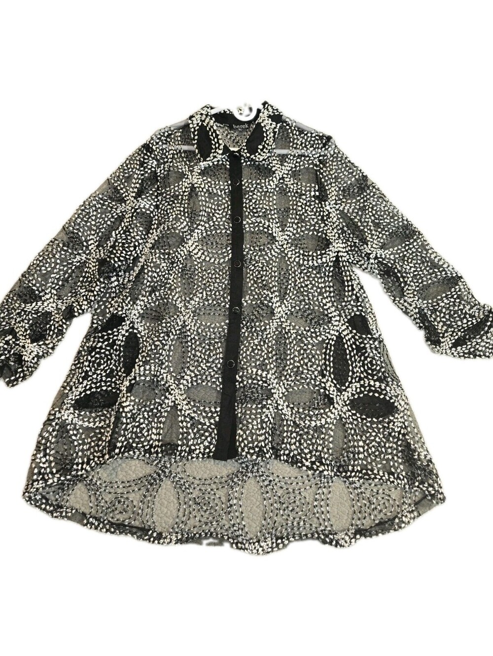 Berek Metallic Circle Button Up High Low Shirt Sz 1XL Embroidered Mesh Statement